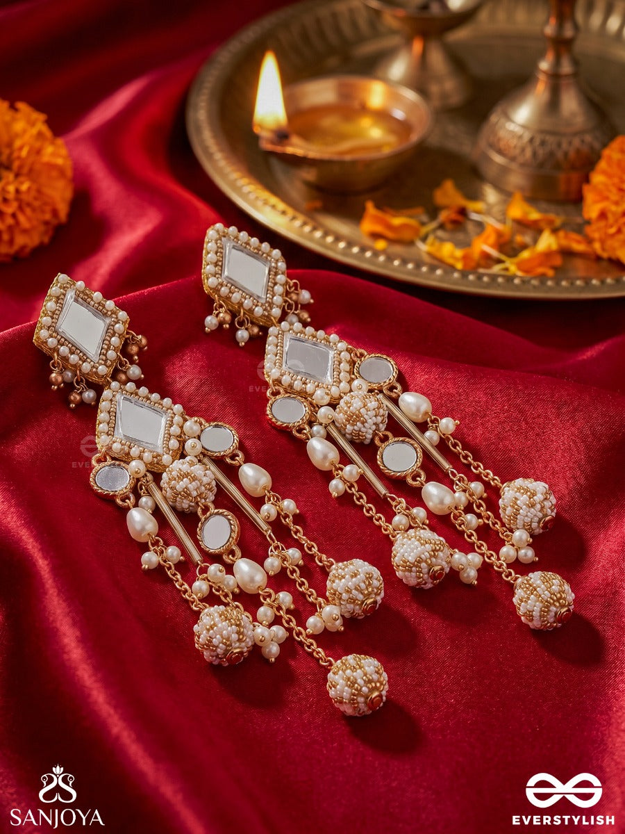 Chitramayi – Full Of Artistry – Chandelier Earrings With Geometric Kundan Motifs, Mirror Embellishments, Pearl Tassels And Golden Links