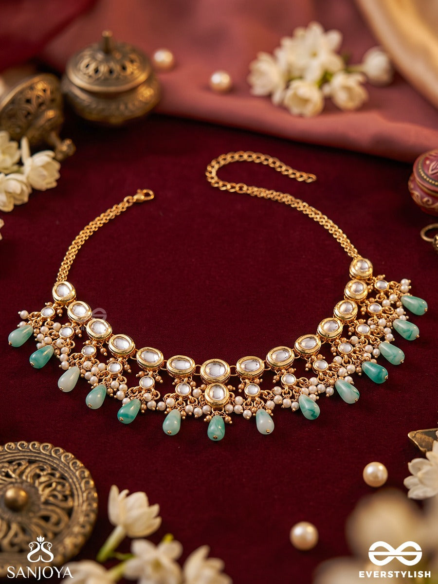Ratnavali – String Of Gems – Heritage Choker With Kundan-Style Settings, Lustrous Pearl Clusters, Aqua Teardrop Accents And Delicate Golden Chain Detailing