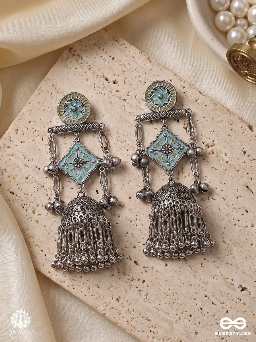 Firozmala – Oxidised Jhumka Earrings With Turquoise Enamel And Ornate Filigree