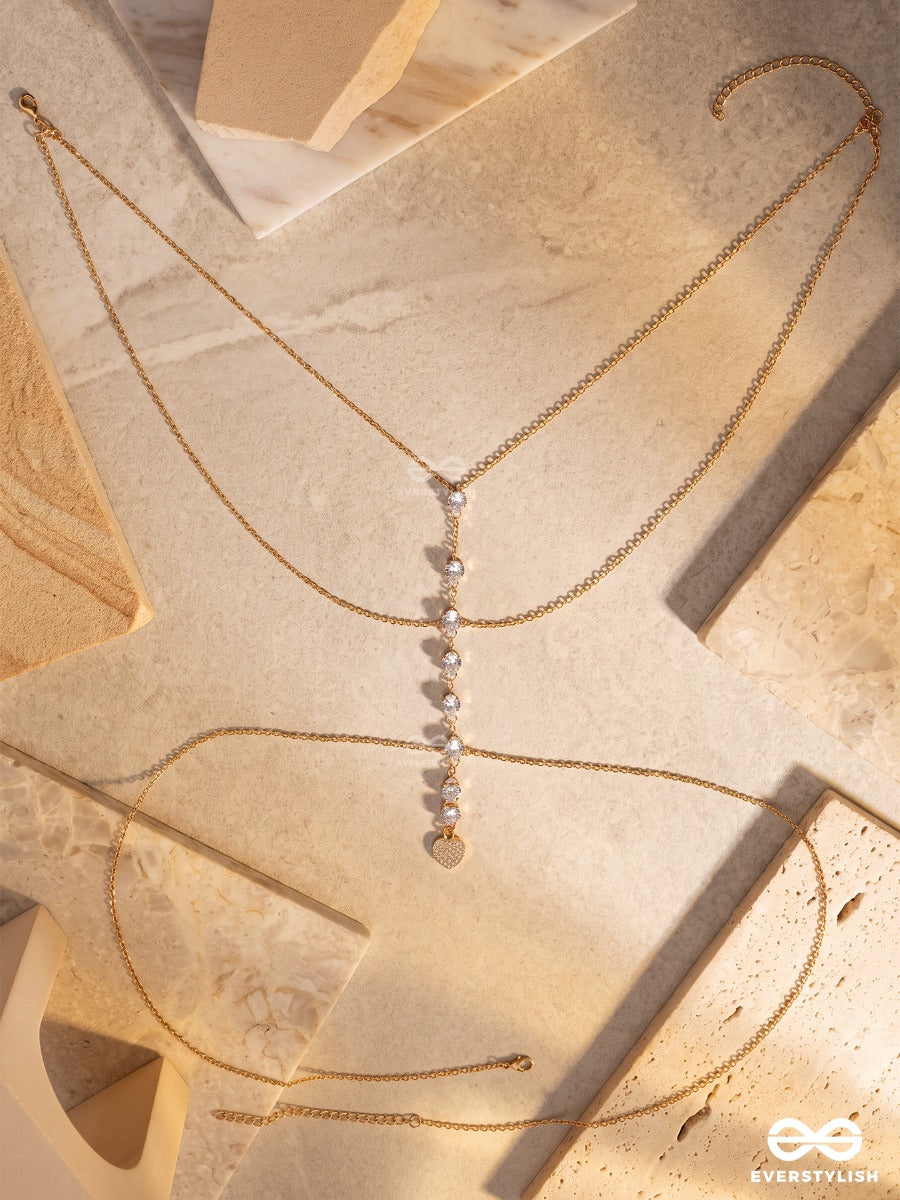 Ivory Nexus – Delicate Golden Y-Body Chain With Pearl, Floral Connector And Crystal Accents