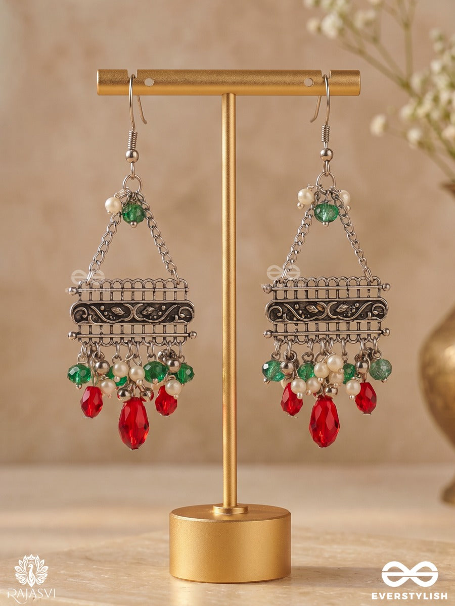 Manikhari – Oxidised Tribal Earrings With Green Stones, Pearls And Ruby Red Bead Drops