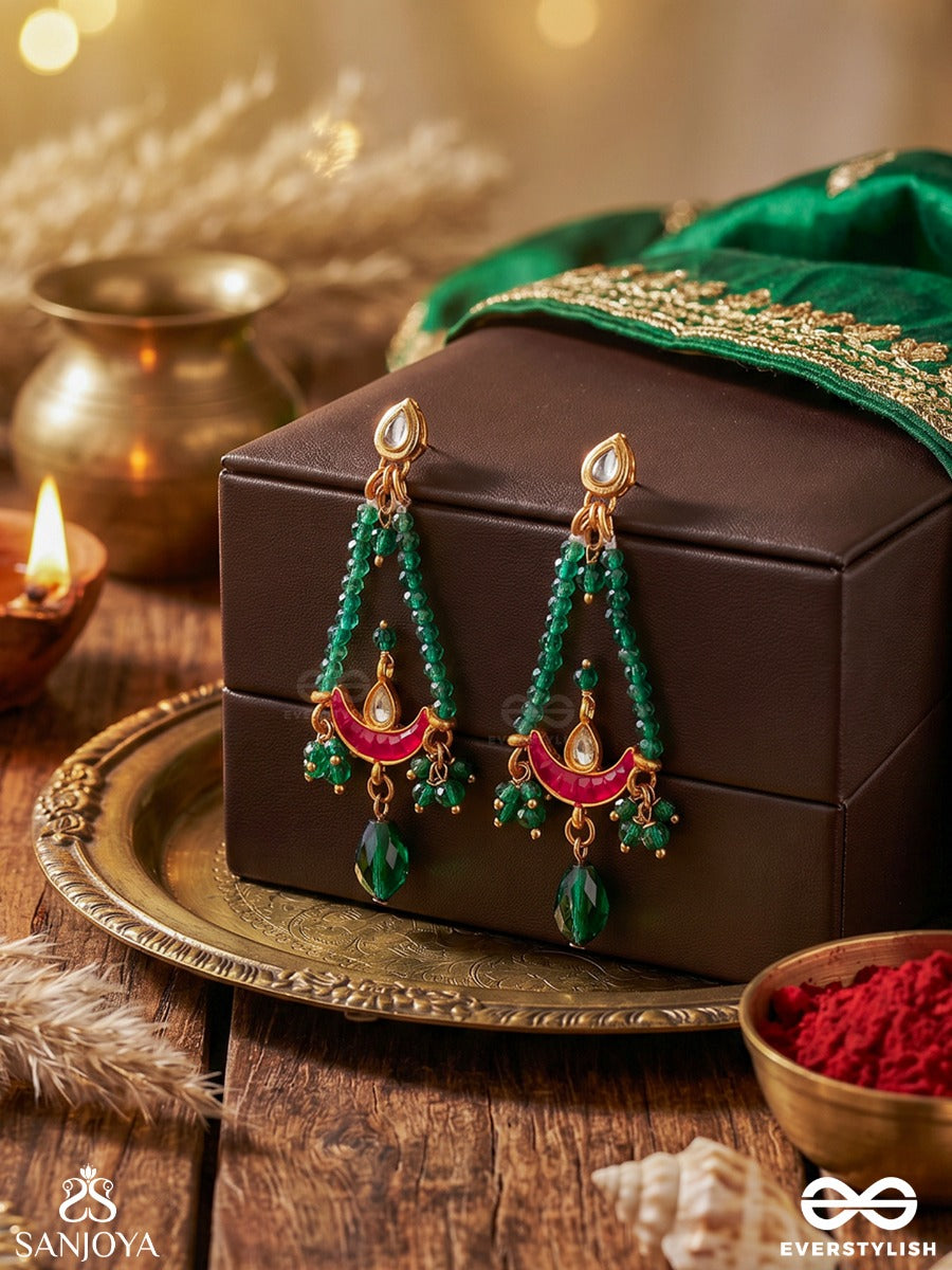 Vainateya – Celestial Majesty – Elegant Earrings With Emerald Bead Drapes, Enamel Crescent Motifs, Kundan Accents And Dangling Green Drop Charms