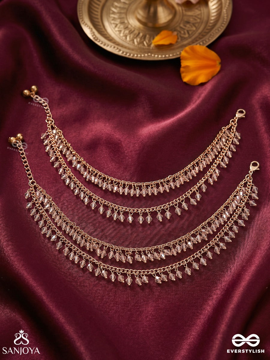 Kaumudi – Moonlight – Delicate Pajeb (Anklets) Set Of 2 With Layered Golden Chains, Shimmering Crystal Beads And Dainty Fringe Accents