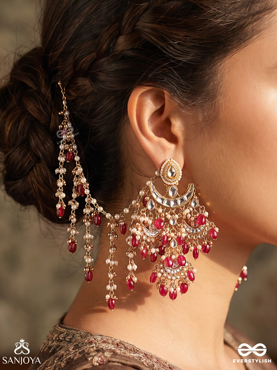 Jahanara – Adornment Of The World – Ornate Ear-Chain Earrings With Crescent Motifs, Pearl Clusters, Pink Gem Drops And Cascading Chains