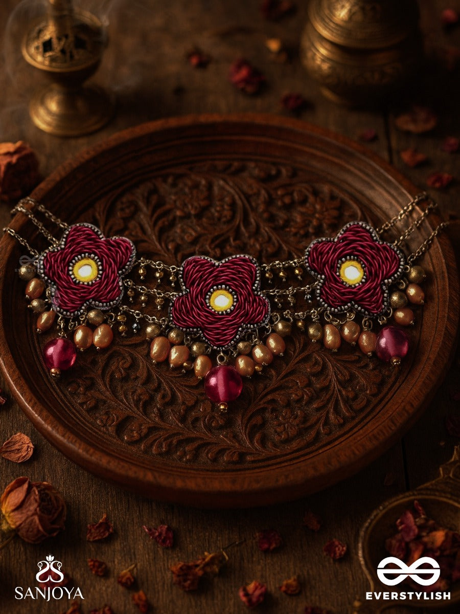 Sumanas - The Burgundy Flowers - Mirror, Resham, Dabka And Glass Drops Hand Embroidered Oxidised Choker Neckpiece