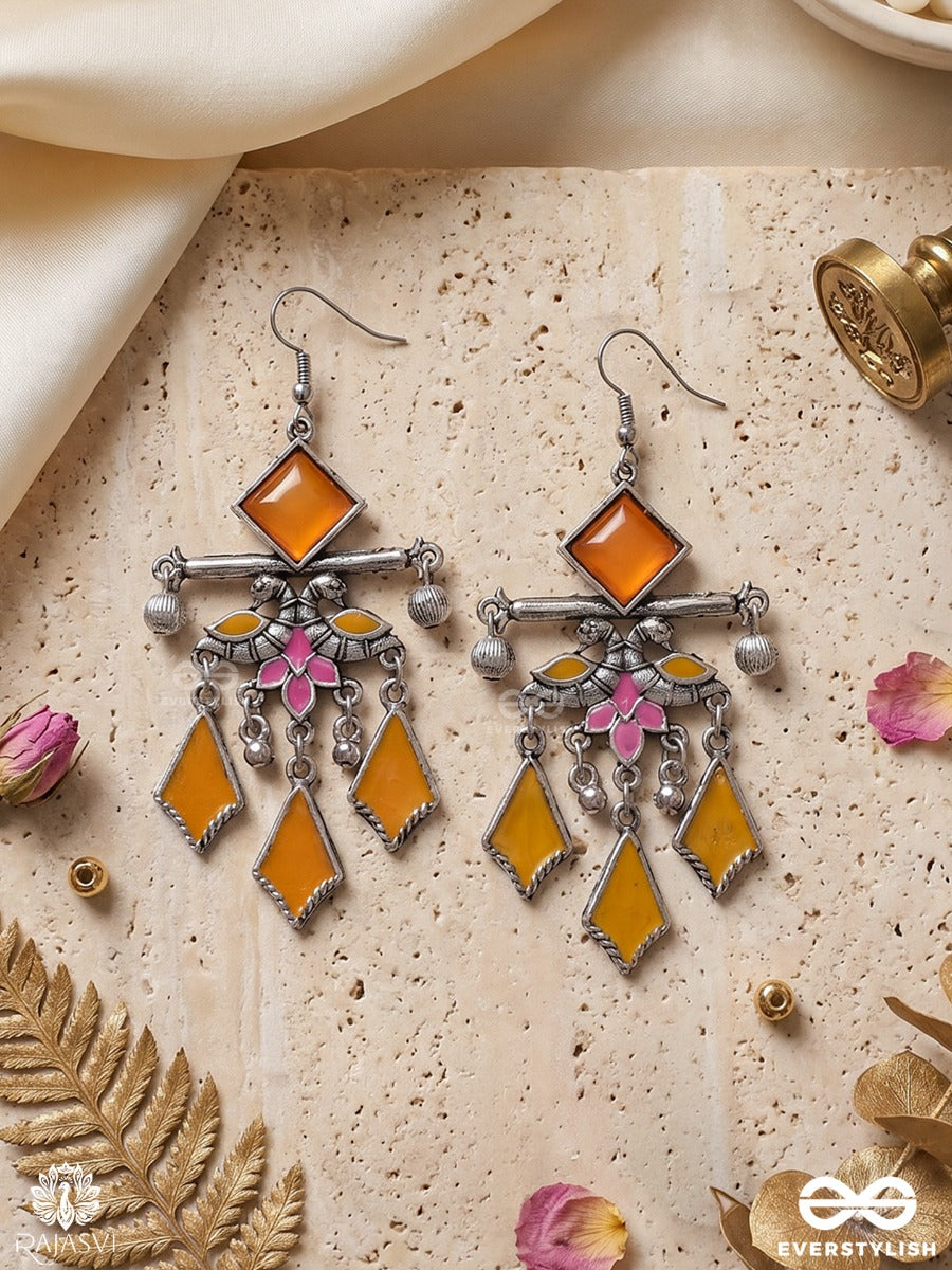 Kanchanika – Oxidised Enamel Earrings With Amber Diamond Motifs, Pink Floral Details And Ghungroo Drops