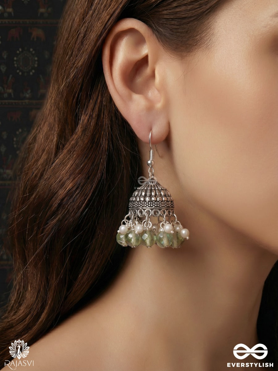 Muktakshi – Oxidised Jhumka Earrings With Pearl Clusters And Sage Green Bead Drops