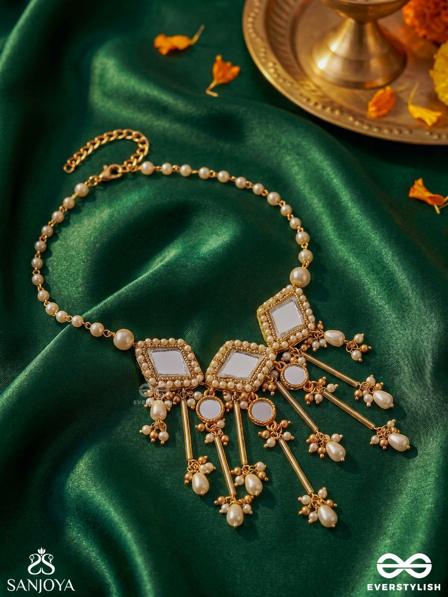 Chitramayi – Full Of Artistry – Heritage Necklace With Geometric Kundan Motifs, Mirror Embellishments, Pearl-Trimmed Chains And Delicate Pearl Danglers