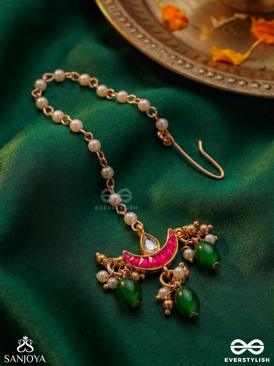 Shashiratna- Jewel Of The Moon- Kundan Maangtika Inspired By The Moon's Radiance With Pearls And Green Drops