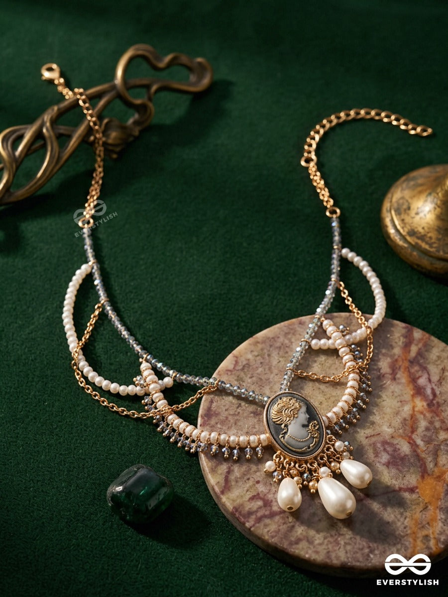 Zaria – Delicate Necklace With Draped Pearl Strands, Centre Charm And Mixed-Tone Details