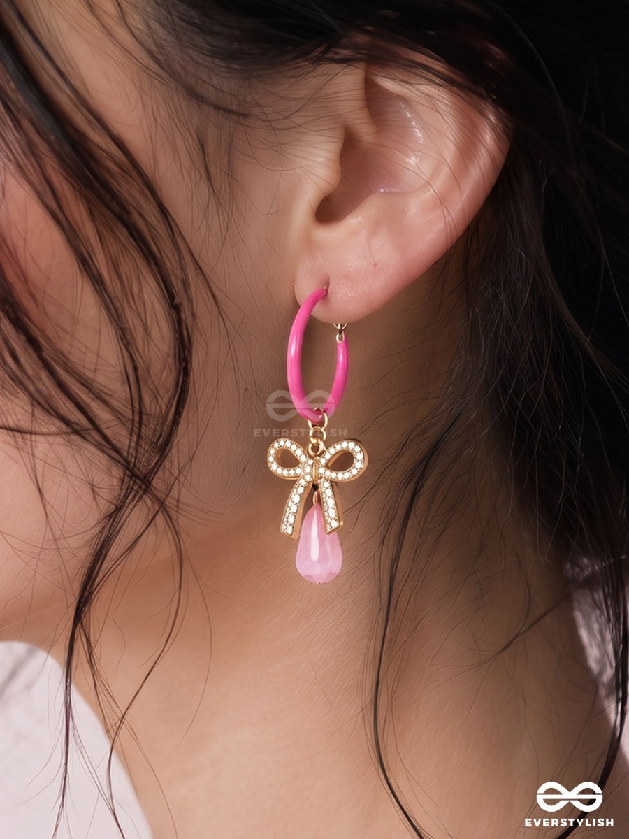 Pink Papillon – Pink Hoop Earrings With Crystal Bow And Drop Charms