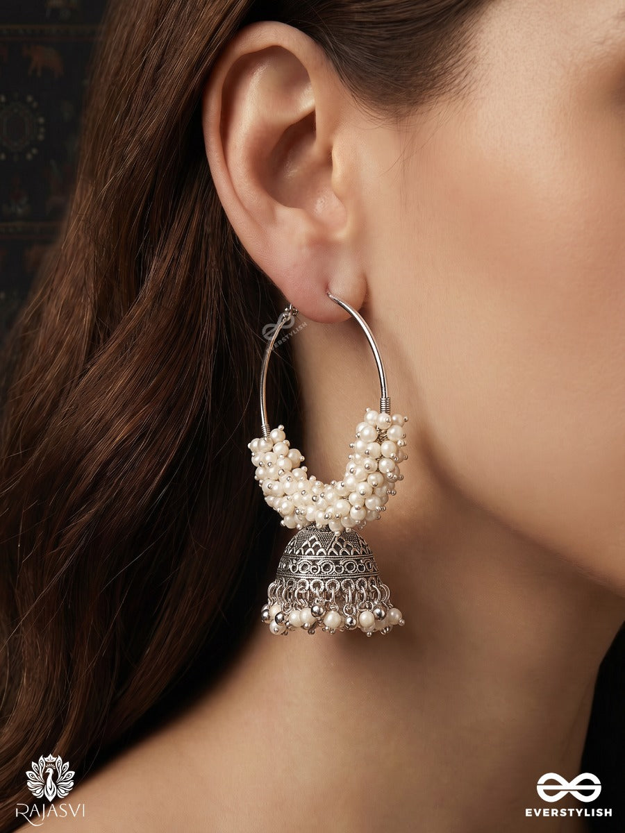 Gaurika – Oxidised Hoop Jhumka Earrings With Clustered Pearl Beadwork