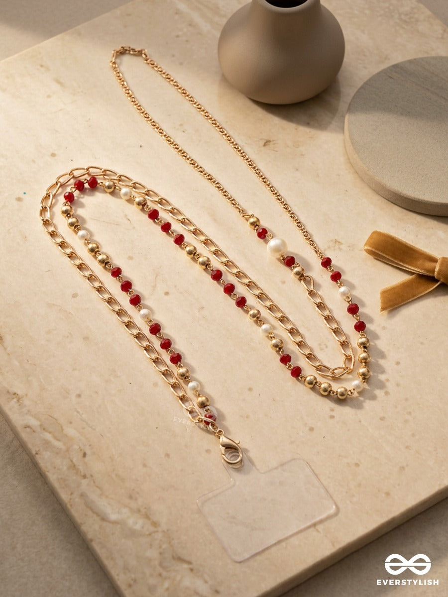 Regal Twine – Gold Chain Phone Sling With Red Crystal Beads And Pearl Accents