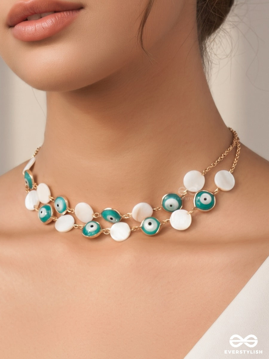 Nazaria – Multiway Evil Eye Chain With Mother-Of-Pearl Beads And Turquoise Accents That Can Be Styled As Necklace; Scarf-Style Necklace; Waist Chain; Knot Necklace