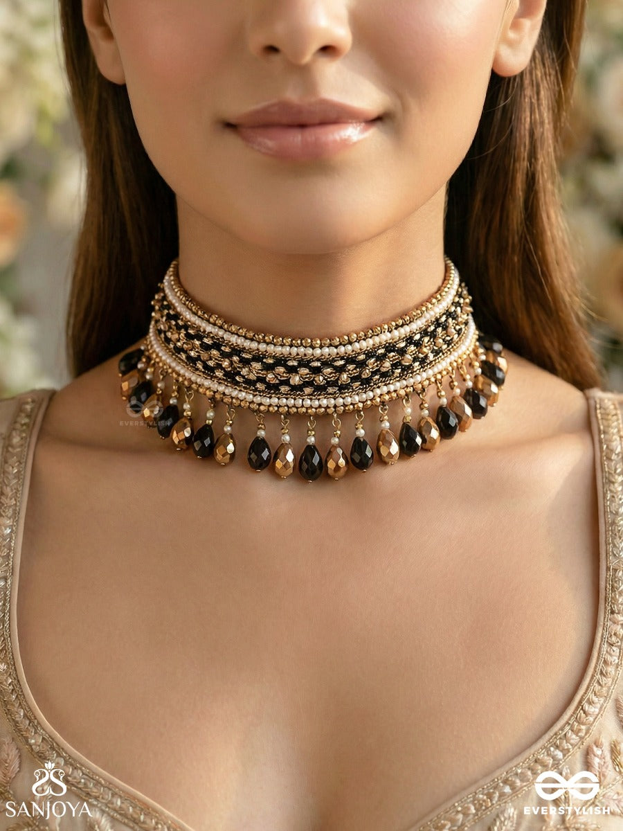 Nishakanta - The Beloved Of Night - Beads And Glass Drops Hand Embroidered Choker Neckpiece