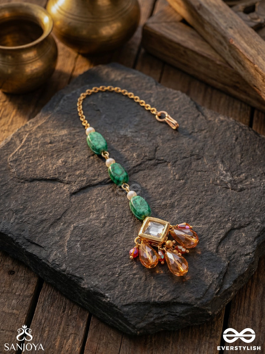 Pravaalika – Coral Beauty – Ornate Maangtika With Carved Emerald Beads, Kundan Centre And Amber Drop Accents