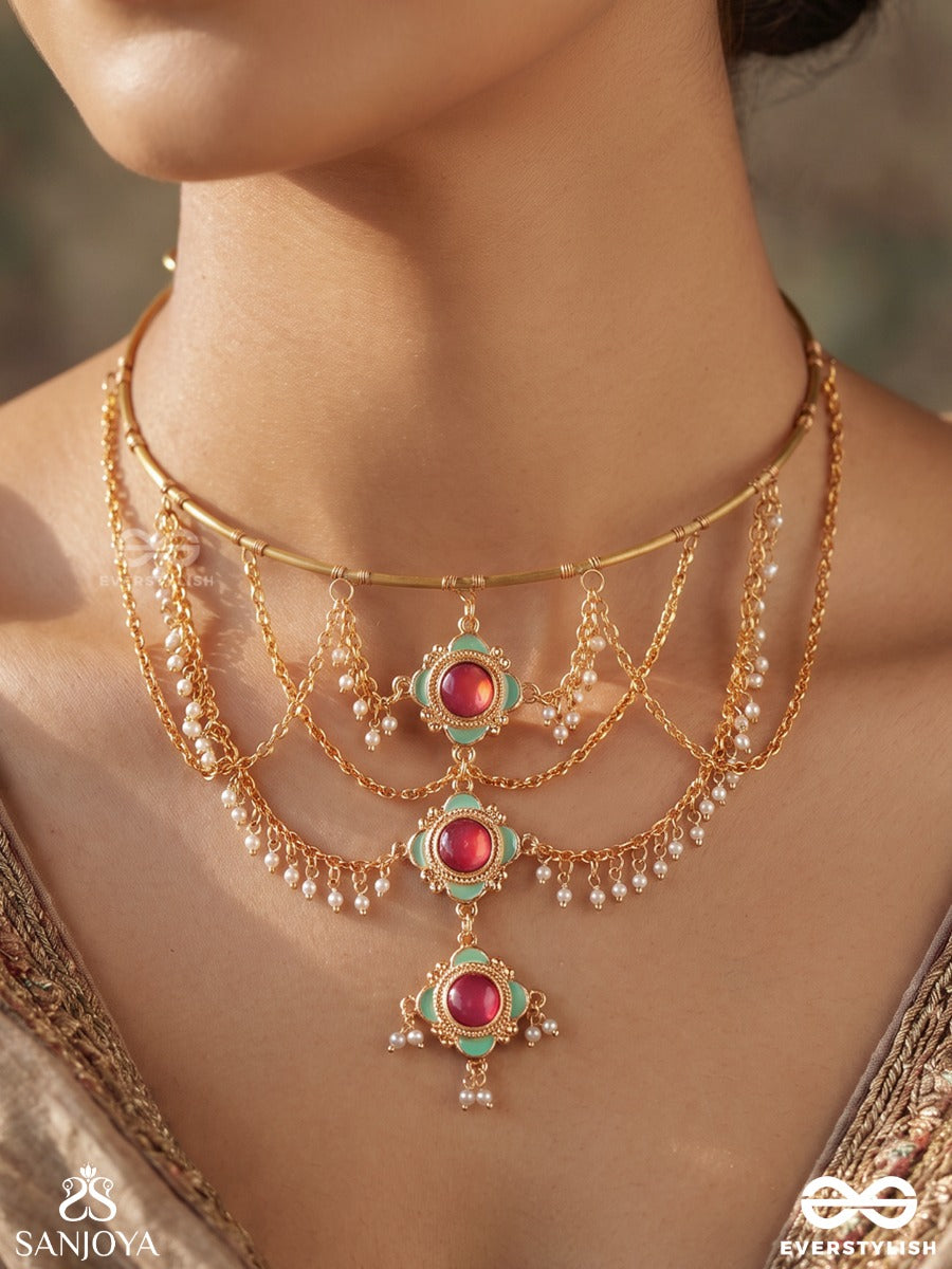 Rajeshwari – Royal Goddess – Heritage Hasli Necklace With Layered Chain Drapes, Ruby Floral Motifs And Pearl Accents