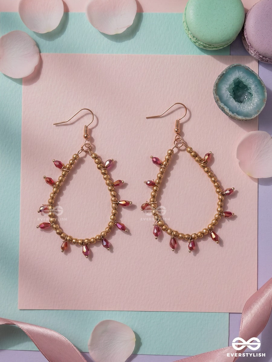 Crimson Twig – Gold Teardrop Hoop Earrings With Red Beads And Pearl Accents