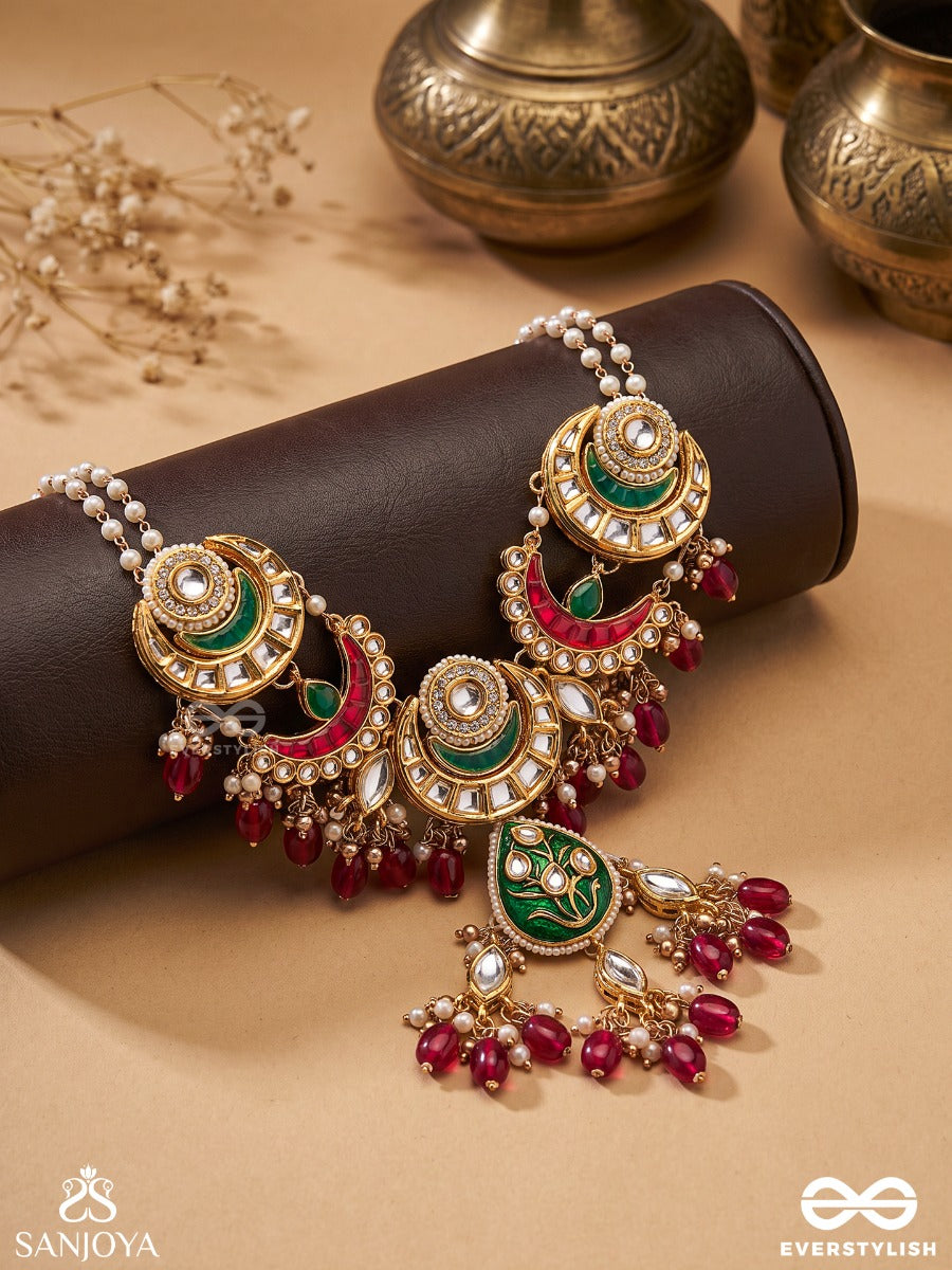 Sindurya - Scarlet Rays- Grand Crescent Enamel Kundan Necklace With Pearls And Beads