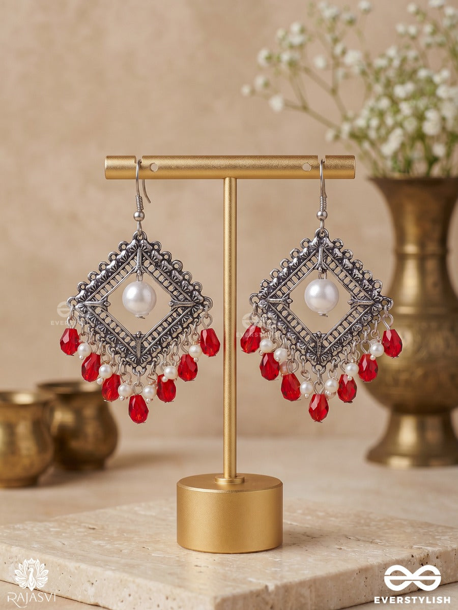 Sindurika – Oxidised Diamond Earrings With Pearl Centre And Ruby Red Bead Drops