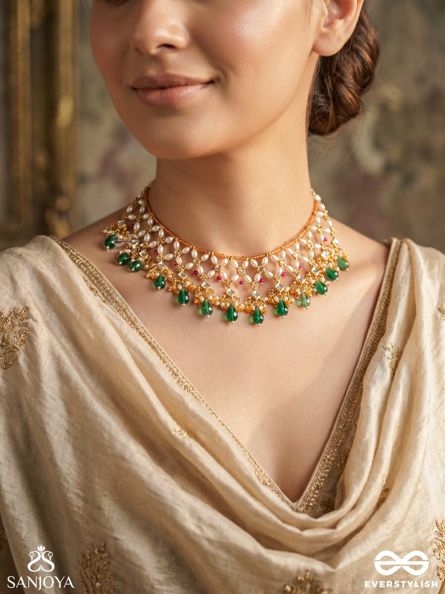 Vrindamala – Garland Of Divine Blooms – Heritage Choker With Mother-Of-Pearl Floral Lattice, Emerald Drops And Pink Gem Accents