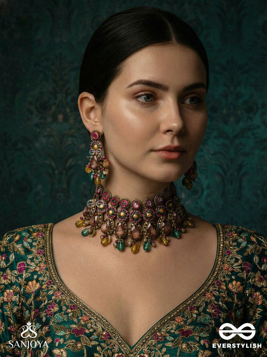 Vashikrit - The Hypnotic Tiers - Mirror, Stones, Coins And Glass Drops Hand Embroidered Set With Oxidised Choker Neckpiece & Earrings