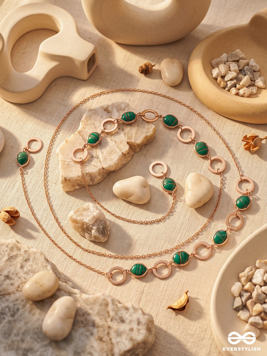 Botanica – Multiway Chain With Emerald Green Stone Beads And Gold Ring Accents That Can Be Styled As Necklace; Scarf-Style Necklace; Waist Chain; Knot Necklace