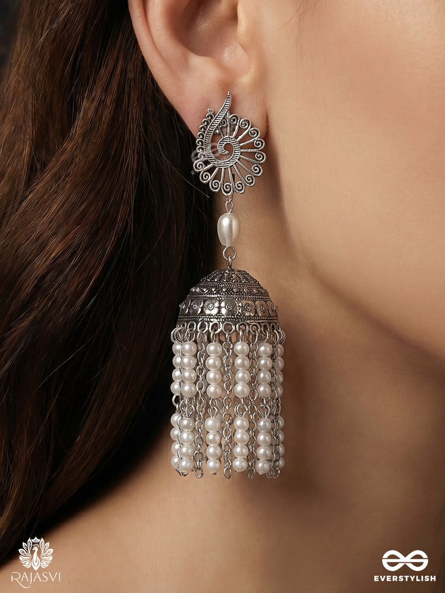 Shashilekha – Oxidised Jhumka Earrings With Pearl Tassels, Floral Studs And Engraved Dome