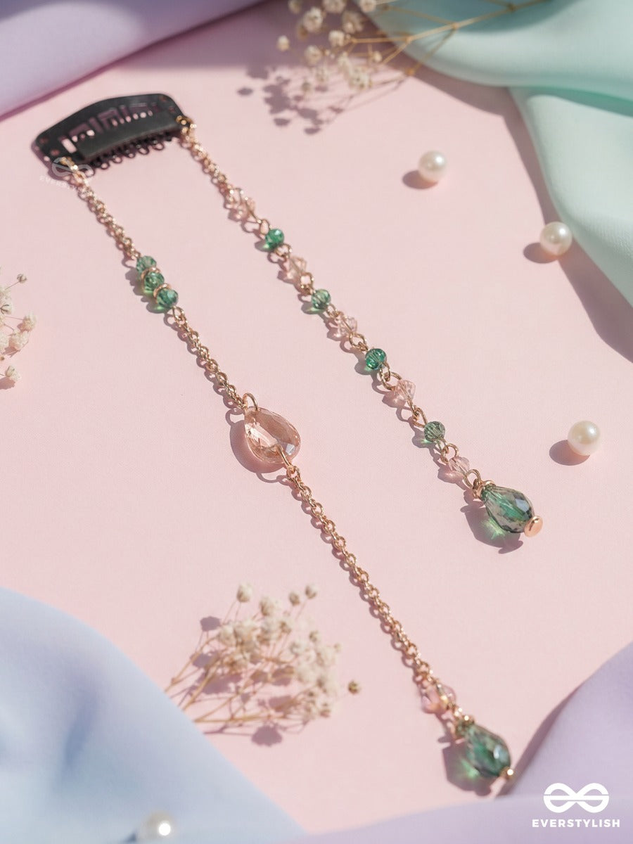 Mint Rosé – Double-Chain Hair Clip With Baroque Pearls, Blush Stones And Turquoise Beads