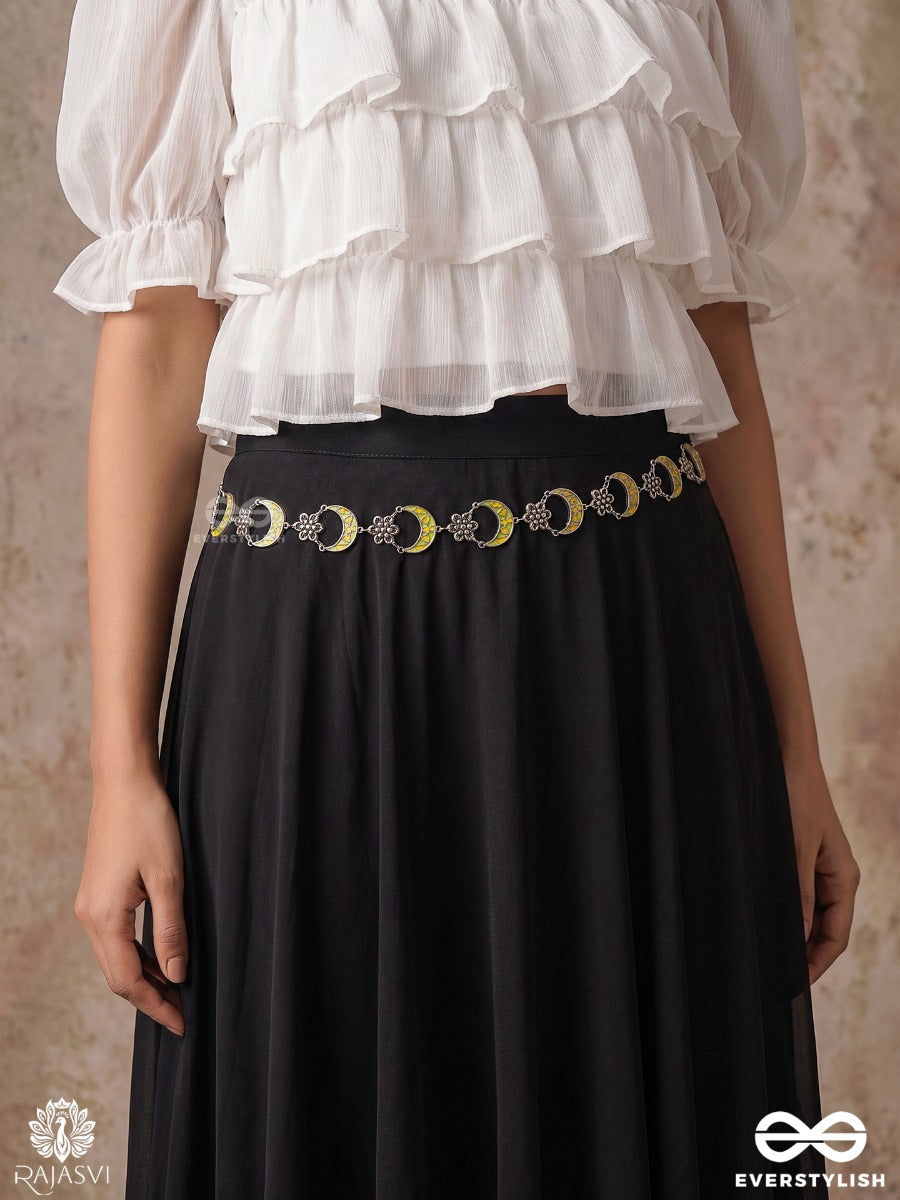 Chandrima – Oxidised Waist Chain With Crescent Motifs And Yellow Accents