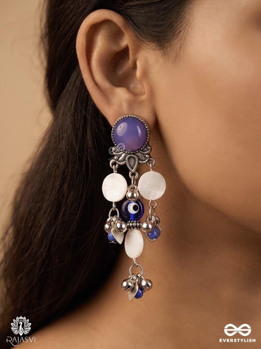 Neelakshi – Oxidised Earrings With Evil-Eye Centres, Blue Stones And White Beads