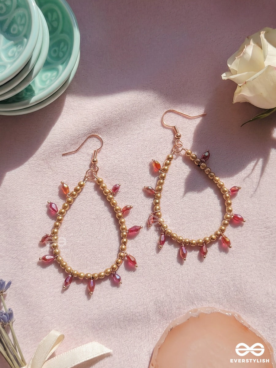 Crimson Twig – Gold Teardrop Hoop Earrings With Red Beads And Pearl Accents
