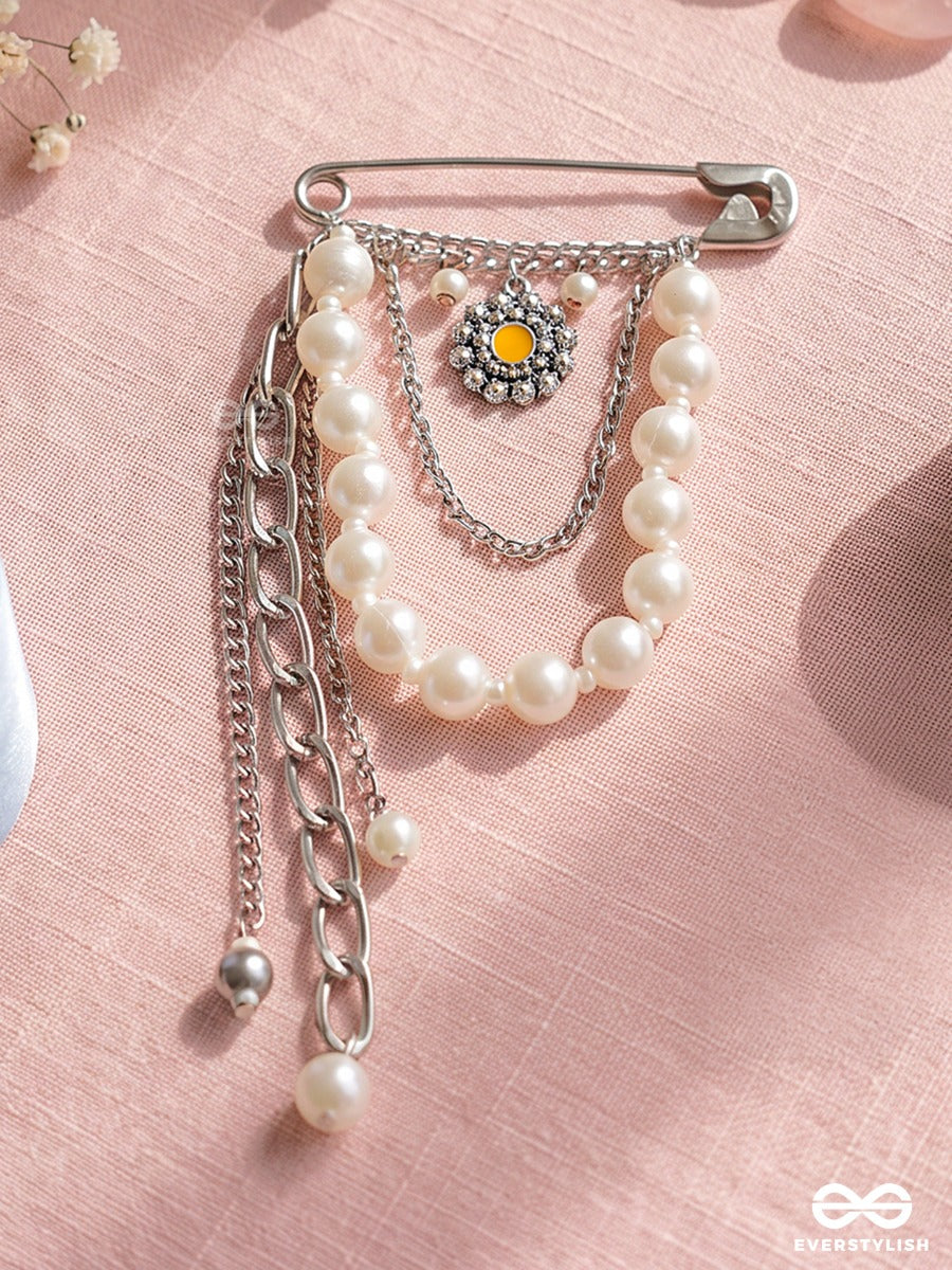 Pearl Embrace – Silver-Tone Brooch Pin With Pearl Strands And Crystal Floral Charm