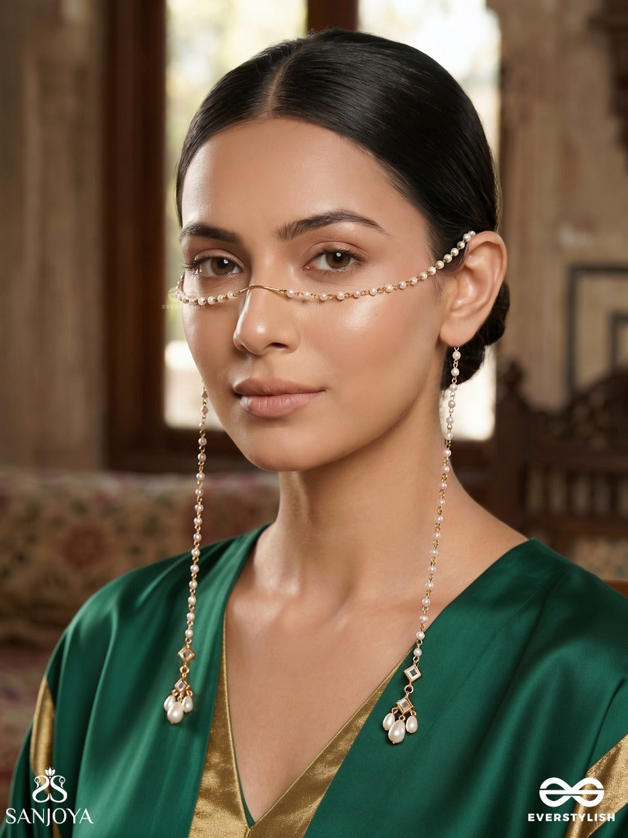 Muktasira – Pearl Line – Elegant Face Let With Delicate Gold-Tone Chain Drapes, Pearl-Like Bead Details And Floral End Accents