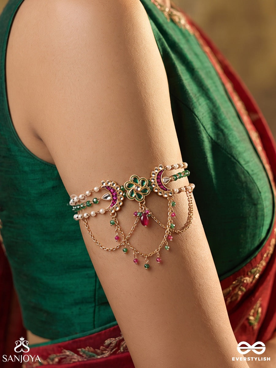 Manimala – Garland Of Gems – Heritage Armlet (Single) With Pearl Strands, Floral Centre Motif, Pink Meenakari Crescents And Emerald Beadwork