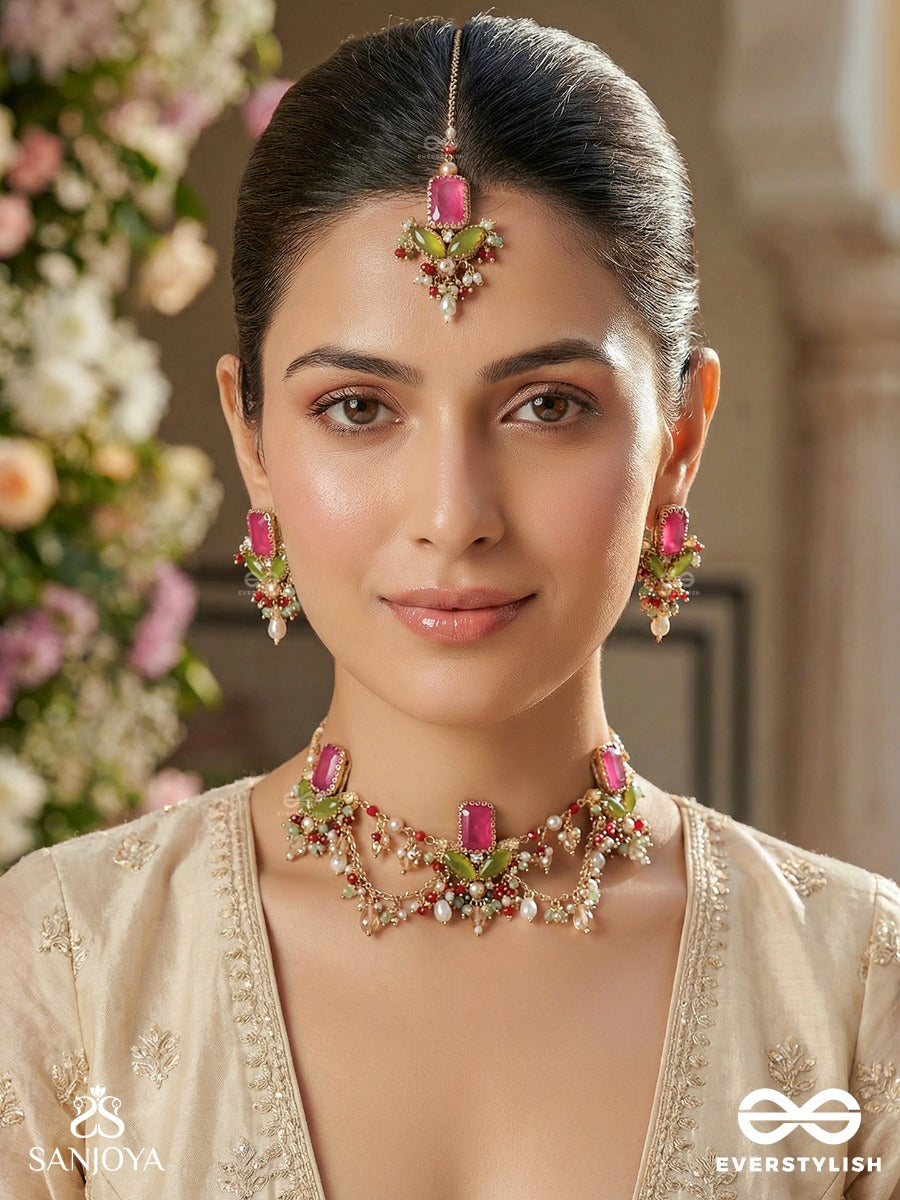 Asita - The Regal Orchid - Stones, Beads And Pearls Hand Embroidered Set With Neckpiece, Earrings & Maangtika