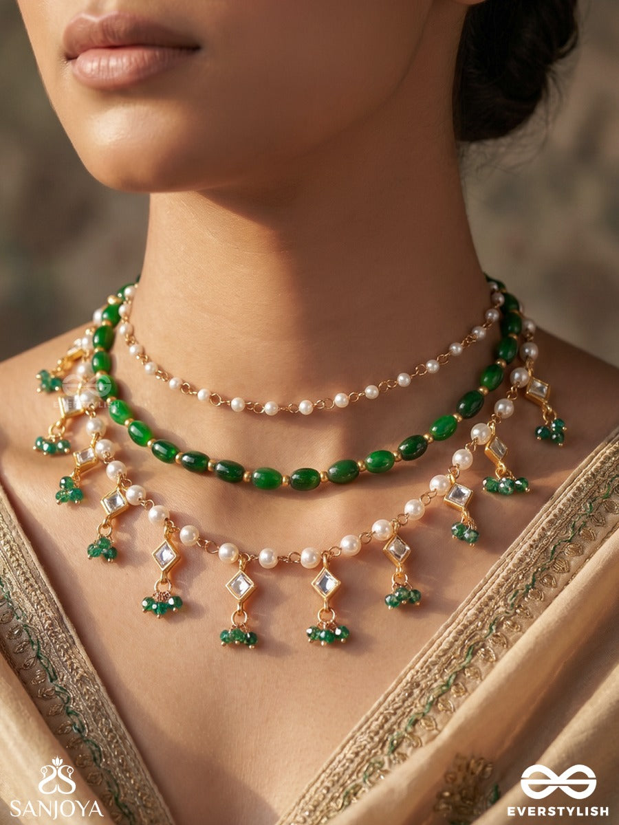 Taarvalli – Celestial Vine – Convertible Body Jewellery That Styles As A Necklace Or Shoulder Chain With Emerald Bead Drapes, Pearl Drops And Floral Accents