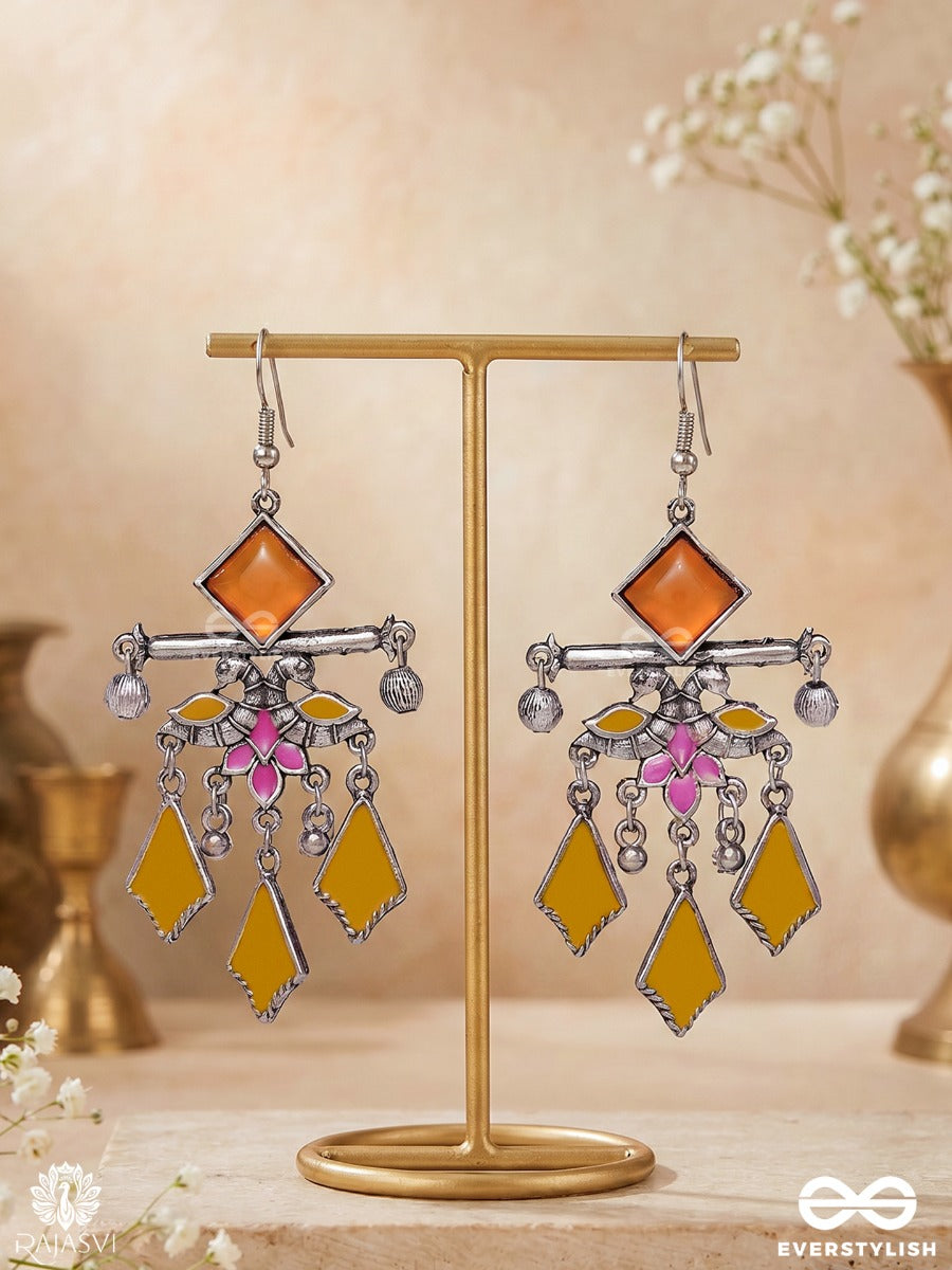 Kanchanika – Oxidised Enamel Earrings With Amber Diamond Motifs, Pink Floral Details And Ghungroo Drops
