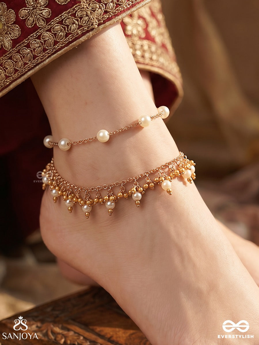 Falgunika – Spring Bloom – Delicate Pajeb (Anklet) Set Of 2 With Pearl Links, Ghungroo Fringes And Golden Chain Details