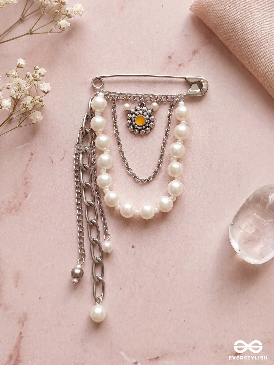 Pearl Embrace – Silver-Tone Brooch Pin With Pearl Strands And Crystal Floral Charm