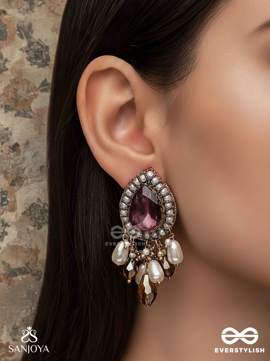 Atyala - The Rosy Raindrop - Stone, Beads And Glass Drop Hand Embroidered Earrings