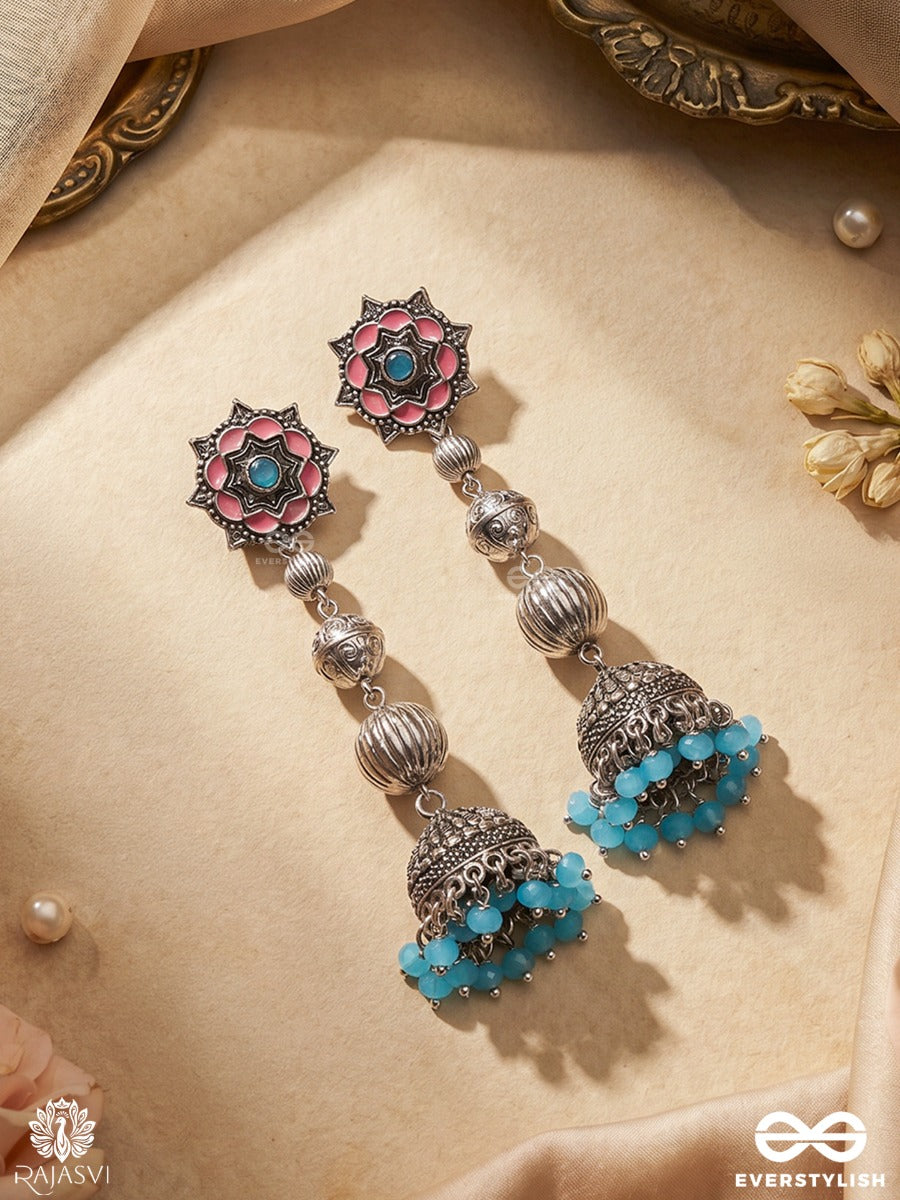 Neelkamini – Oxidised Jhumka Earrings With Pink Floral Studs, Turquoise Centres And Aqua Bead Fringe