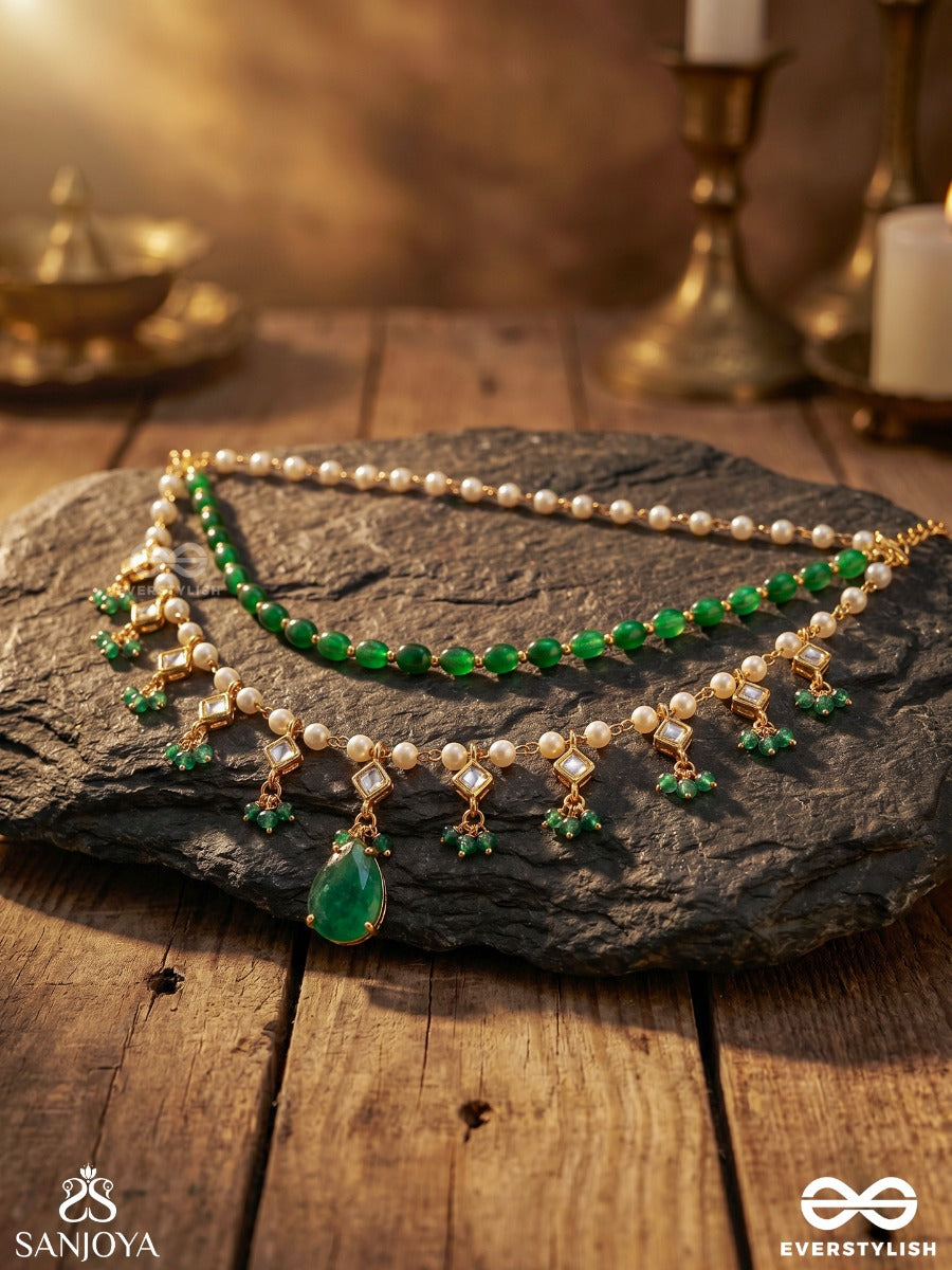 Taarvalli – Celestial Vine – Convertible Body Jewellery That Styles As A Necklace Or Shoulder Chain With Emerald Bead Drapes, Pearl Drops And Floral Accents