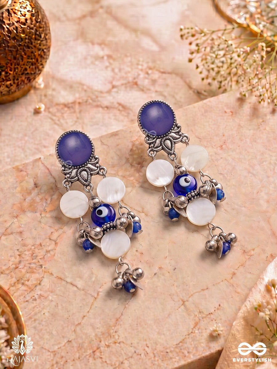 Neelakshi – Oxidised Earrings With Evil-Eye Centres, Blue Stones And White Beads