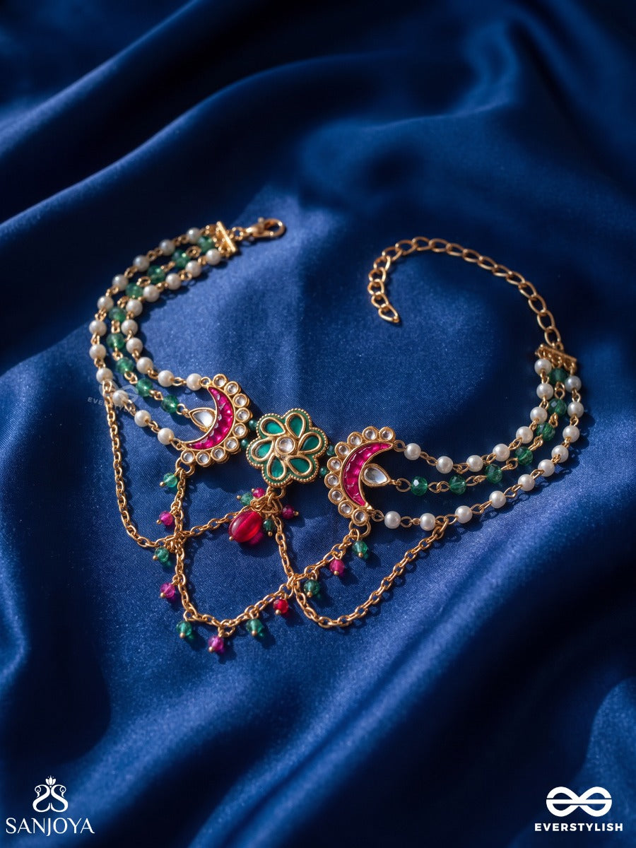 Manimala – Garland Of Gems – Heritage Armlet (Single) With Pearl Strands, Floral Centre Motif, Pink Meenakari Crescents And Emerald Beadwork