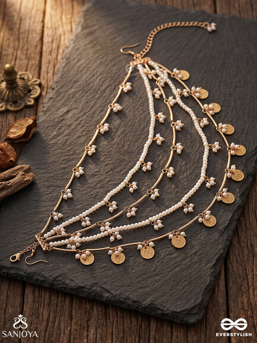 Zareenah – Golden Beauty – Multi-Purpose 3-In-1 Layered Chain With Pearl Strands, Floral Clusters And Golden Coin Charms