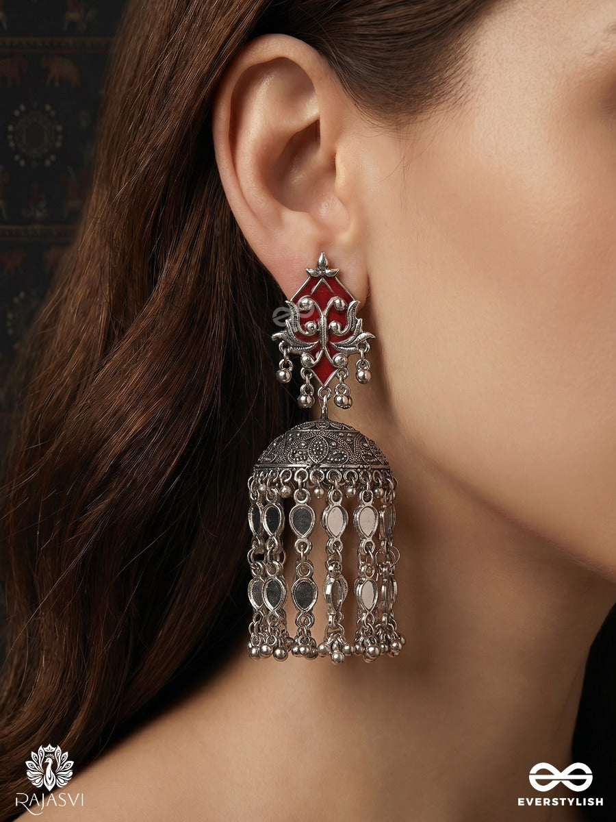 Tamrashree – Oxidised Tassel Earrings With Crimson Enamel Motifs, Coin Cascades And Ghungroo Details