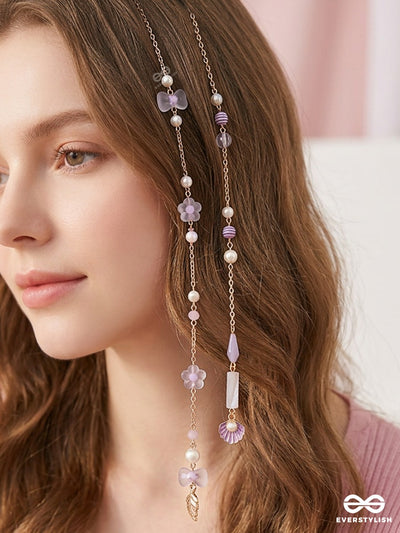 Lagoon Lily – Gold Chain Hair Clip With Pearls, Lavender Flowers And Shell Charms