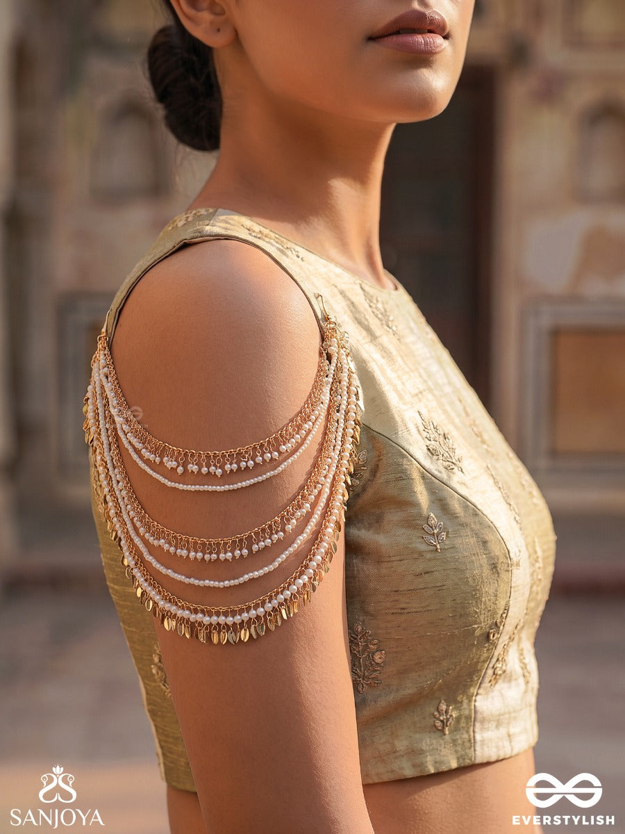Kashvi – Shining Beauty – Multi-Purpose 3-In-1 Layered Chain With Cascading Pearl Strands, Golden Links And Delicate Drop Accents