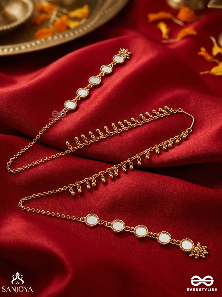 Rooprekha – Trace Of Beauty – Ornate Face Let With Gold-Tone Chain Drapes, Mirror-Like Side Motifs And Delicate Dangling Bead Details